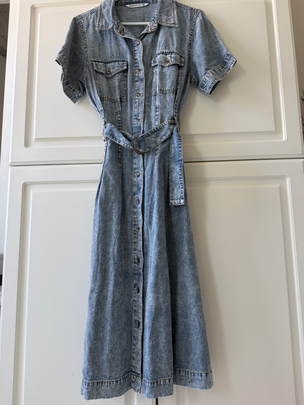 Button-Front Denim Midi Dress with Belt in Light Blue